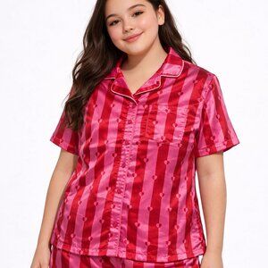 Art Class Girls' Heart Stripe Pajama Top Pink Red Button Front, XL (14)
